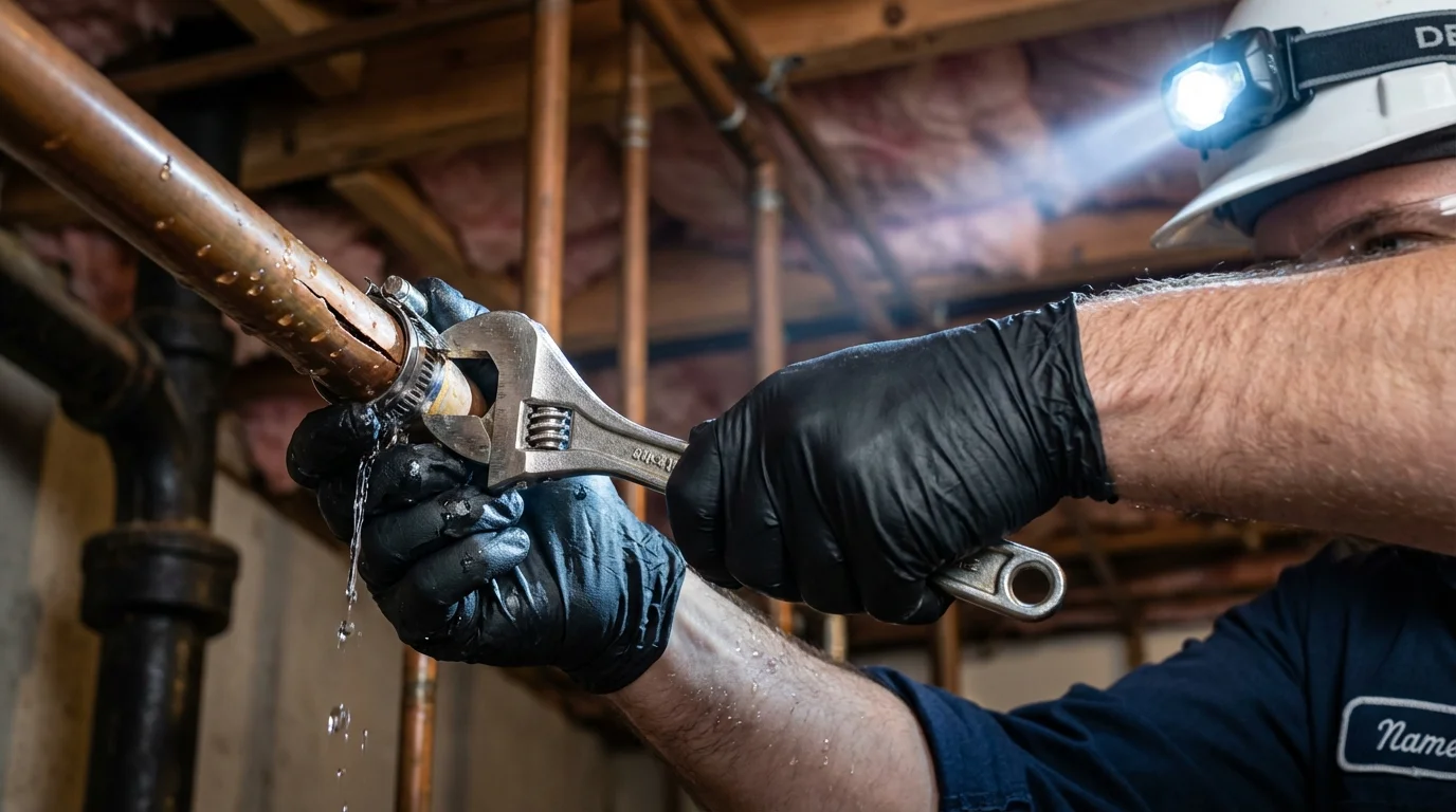 Emergency pipe clamp repair being performed by a Johns Plumbing LLC plumber in Murray