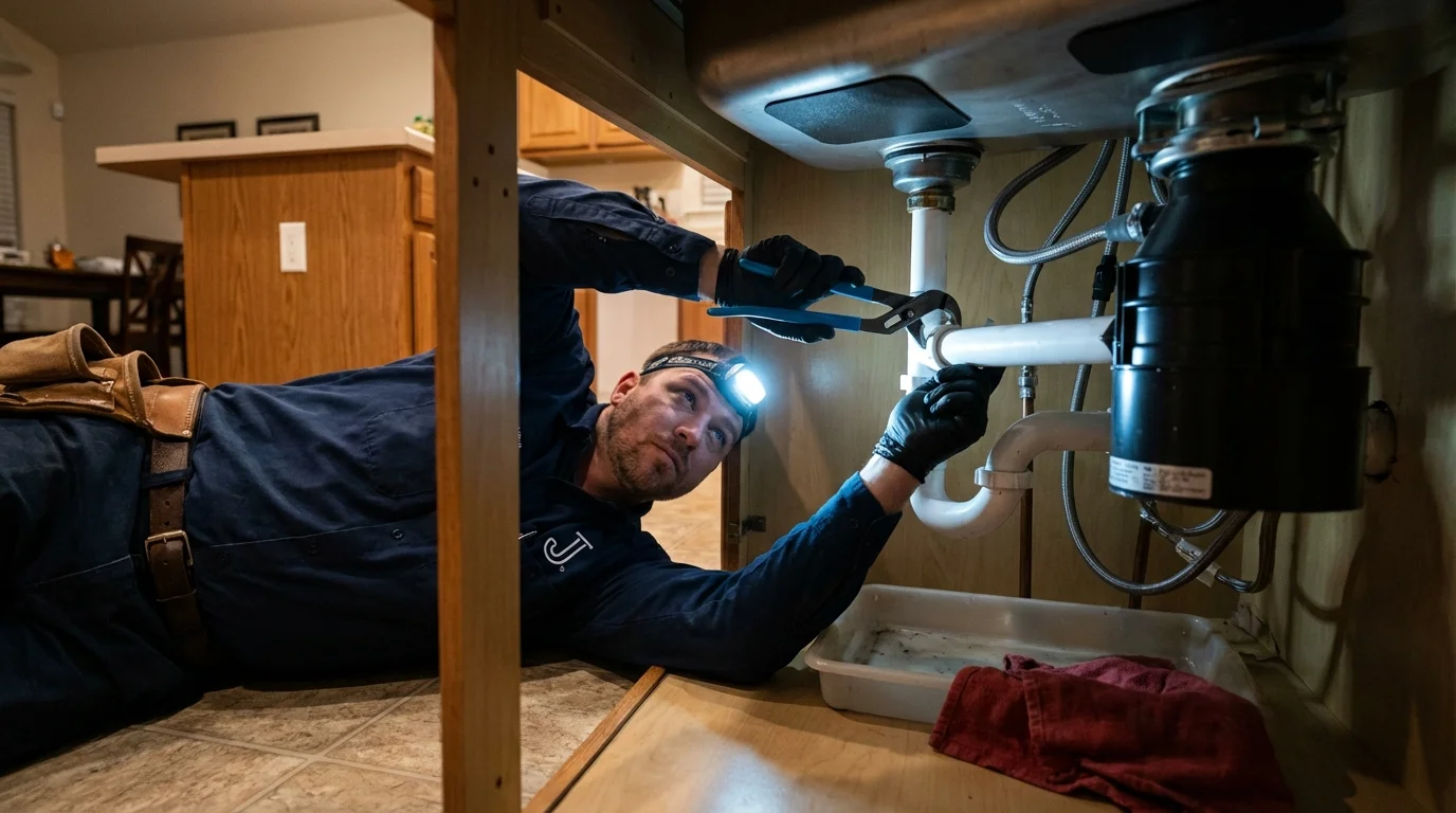 P-trap and supply line connections under a kitchen sink showing a common leak point in Murray, KY